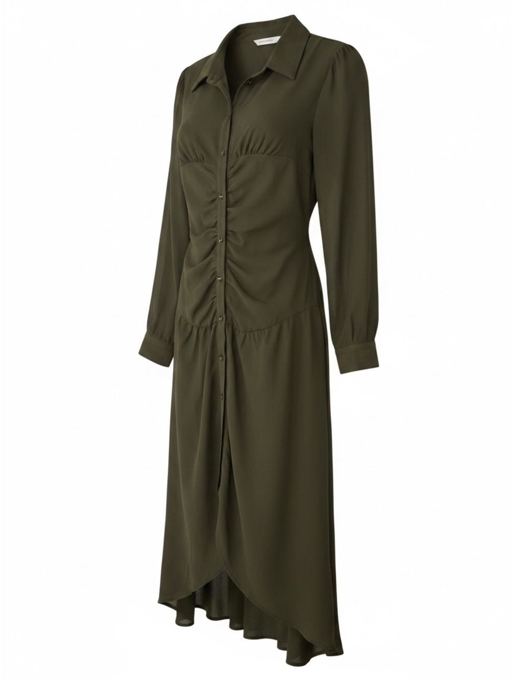 Olive Green Ruched Button-Front Long Sleeve Dress XL